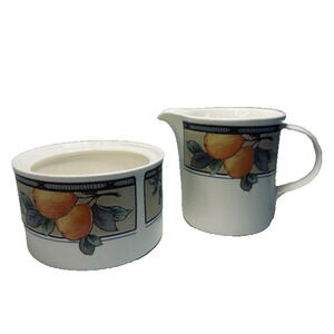 Mikasa Garden Harvest Creamer & Sugar bowl Intaglio, Fruit & Leaves On Rim Cream
